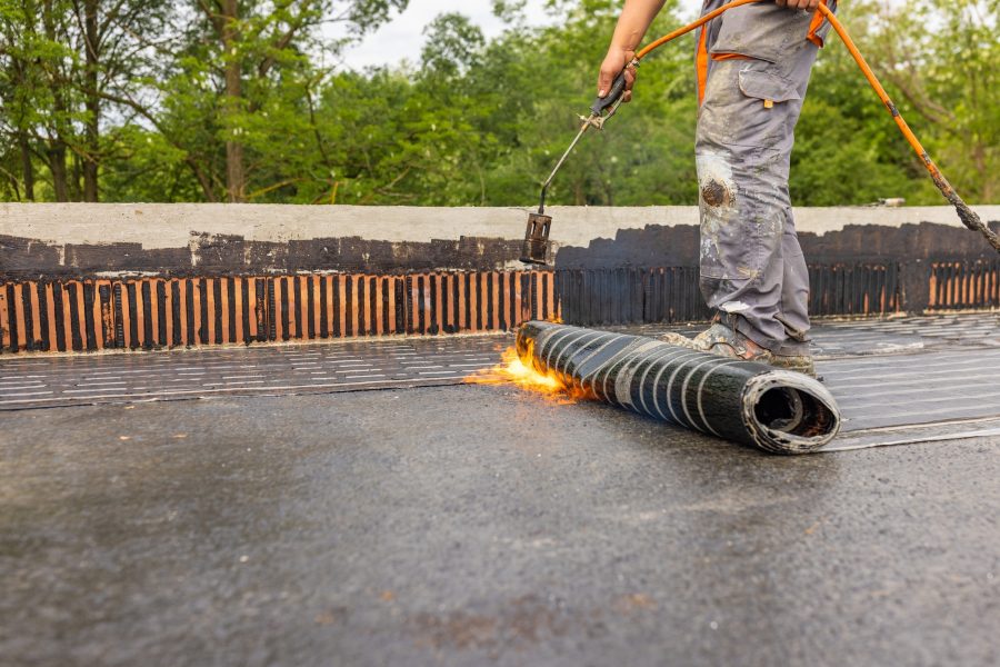 Bituminous membrane waterproofing system details and installation on flat rooftop. Bituminous membrane waterproofing system details and installation on flat rooftop.
